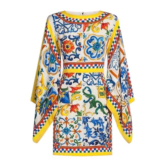 NWT Dolce & Gabbana White Yellow Majolica print Silk Charmeuse Dress IT 40 S - Picture 5 of 12